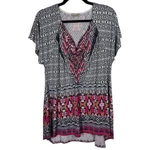 One World Mixed Aztec Print Sequin Stretch Short Sleeve Tunic Top Women's XL
